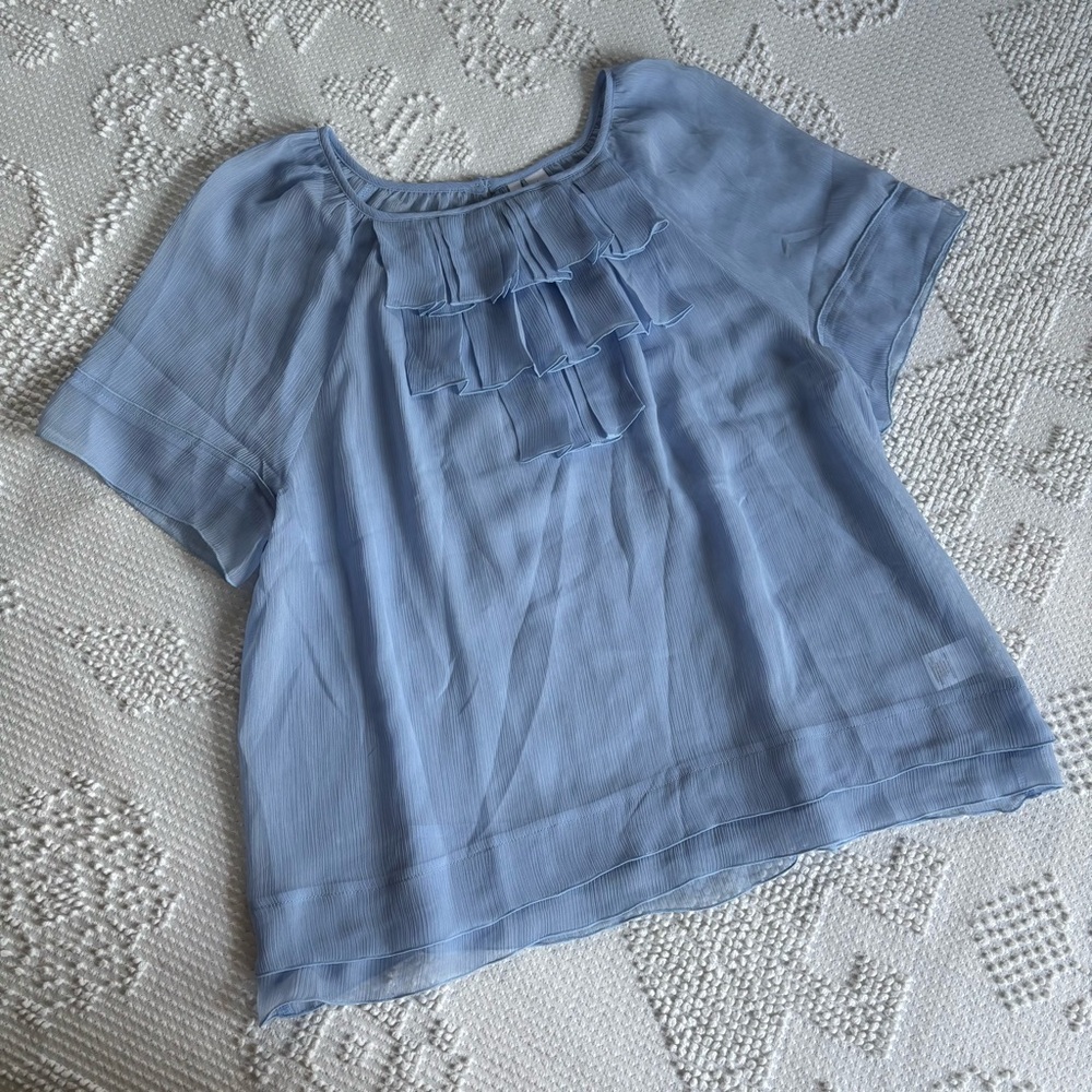 Elle women’s size Large‎ sheer blue ruffle short sleeve blouse keyhole back